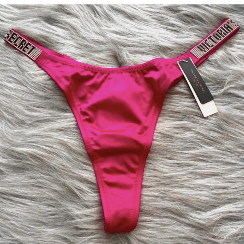 Victorias Secret Wicked Rose Logo Shine Strap Thong String Bikini Swim Bottom
